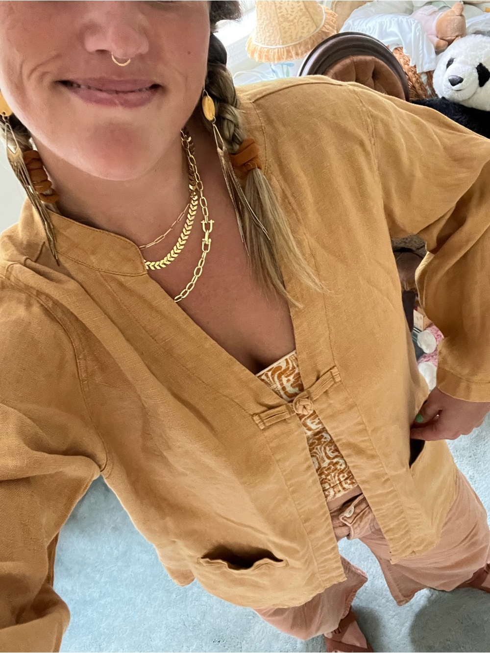Mustard Linen Button-Front Women's Top